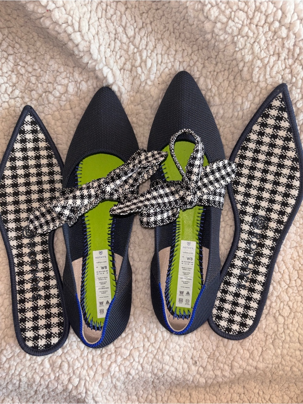 Rothy’s The Point Mary Jane Navy Houndstooth Bow Flats Size 8 US - Picture 7 of 7
